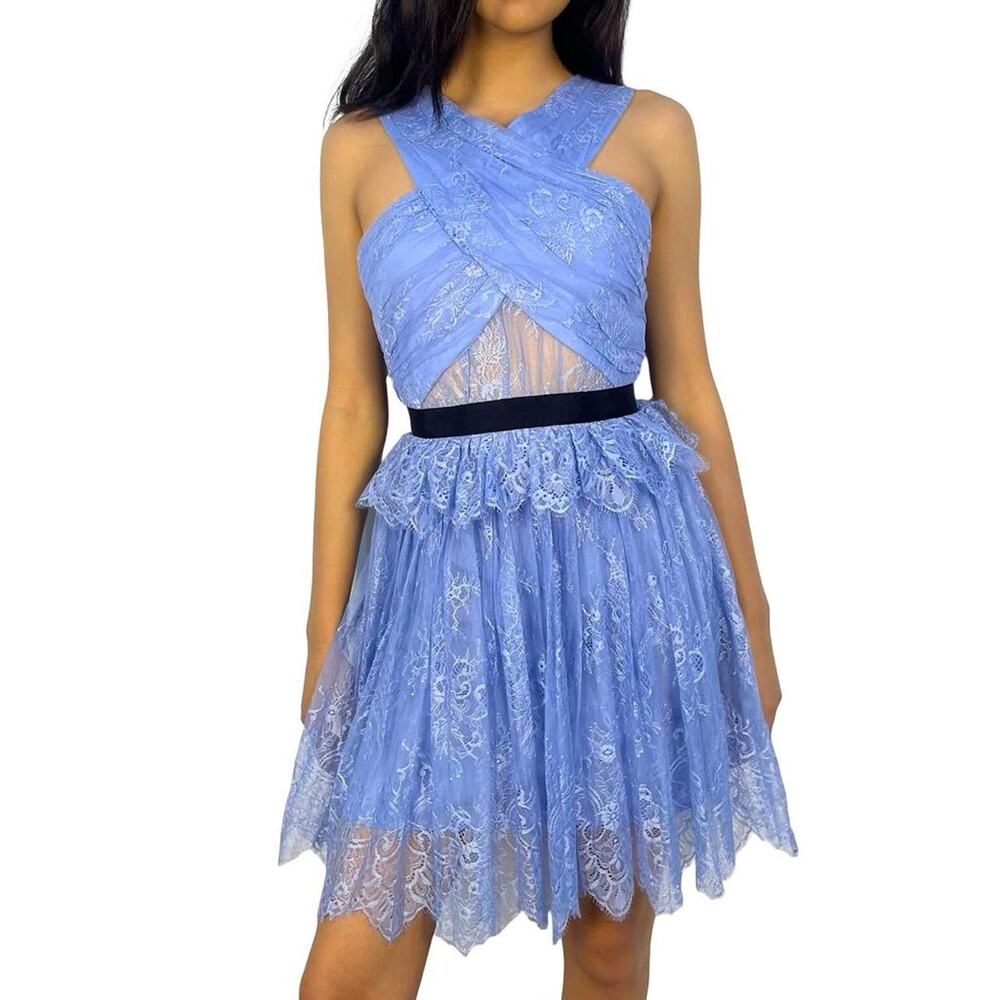 Self-Portrait Cross Front Fine Lace Fairycore Blue Dress